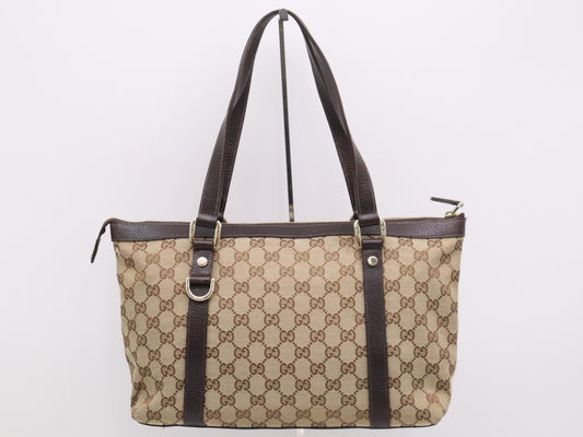 GUCCI 141470 Canvas x Leather GG Canvas Tote Bag Beige Brown Tote Bag