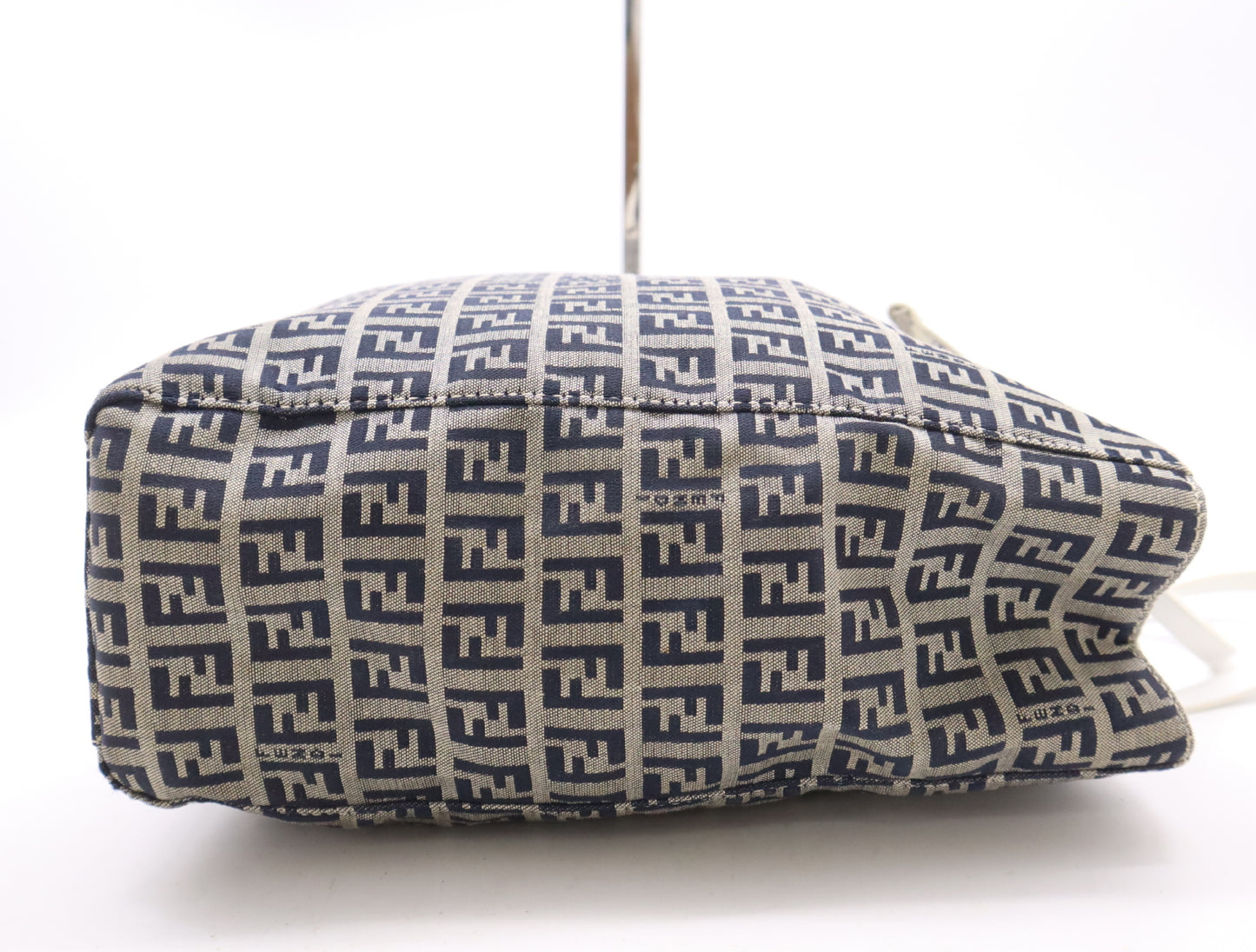 FENDI 8BH1019 Canvas/Leather Zucchino Handbag in Beige, Blue, and White with Silver Hardware