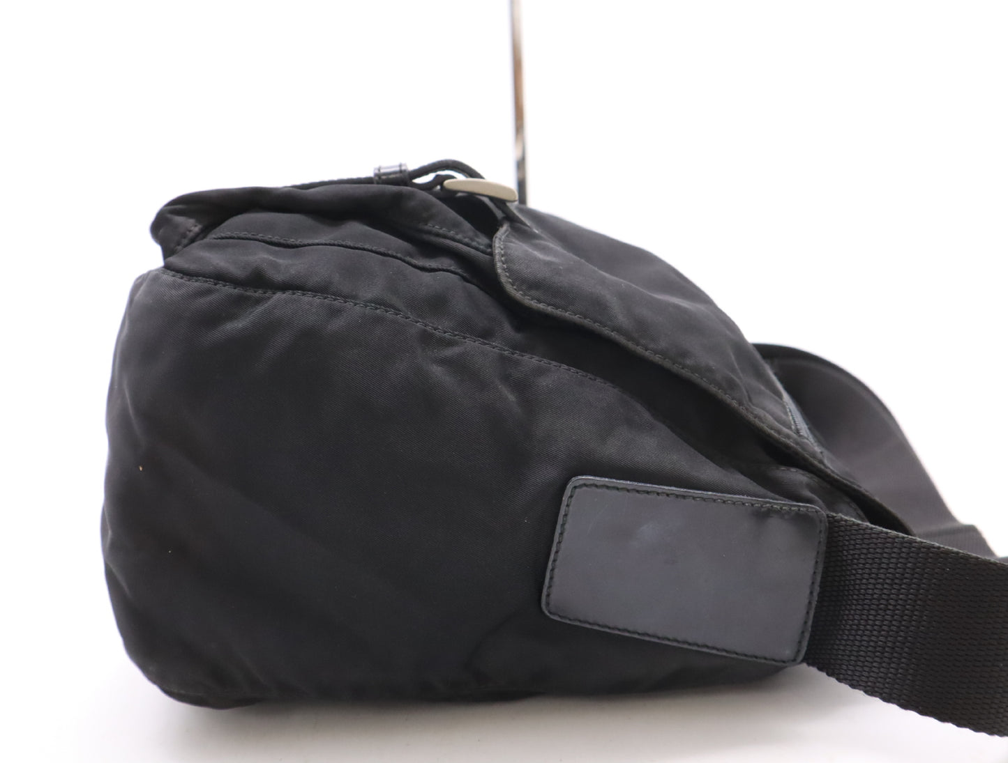 PRADA Nylon and Leather Triangle Logo Messenger Bag, Black, Silver Hardware, Shoulder Bag