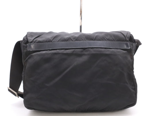 PRADA Nylon and Leather Triangle Logo Messenger Bag, Black, Silver Hardware, Shoulder Bag