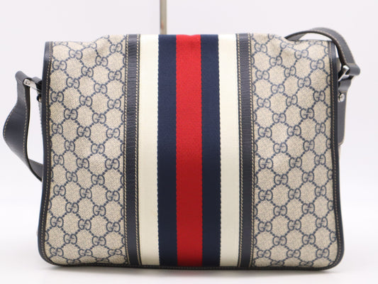 GUCCI 145844 PVC/Leather GG Supreme Sherry Line Shoulder Bag in Beige, Navy, and Red