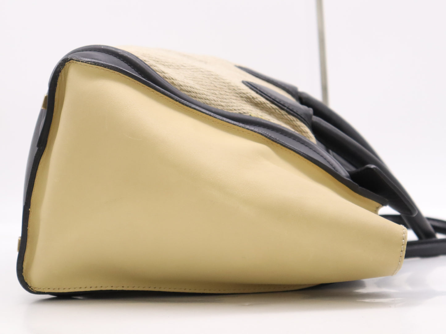 CELINE Leather and Linen Luggage Micro Shopper Handbag in Beige and Black with GD Hardware