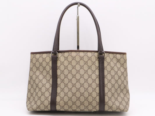 GUCCI 114595 Canvas and Leather GG Supreme Tote Bag in Beige and Brown with Silver Hardware