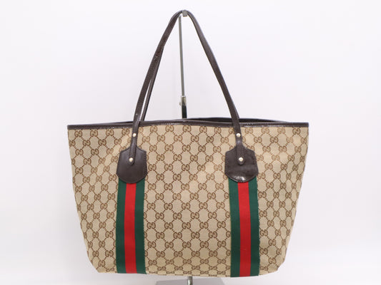 GUCCI 211970 Canvas x Leather GG Canvas Sherry Line Tote Bag Beige Brown with Charm