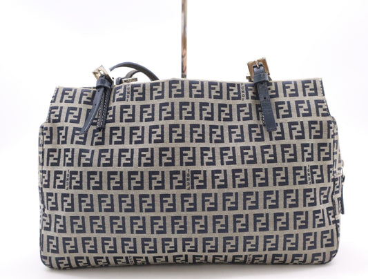 FENDI Canvas/Leather Zucchino Handbag in Blue and Gray with Silver Hardware, Tote Bag