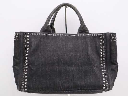 PRADA Canvas Canapa Tote #M Black Beaded Studs Tote Bag