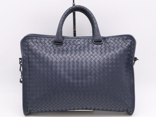 BOTTEGA VENETA Leather Intrecciato Business Bag, Blue, with Shoulder Strap