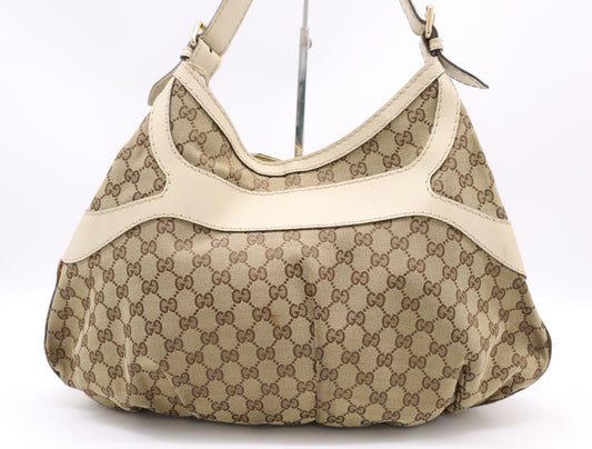GUCCI 189884 Canvas x Leather GG Canvas Queen Hobo Brown White Shoulder Bag
