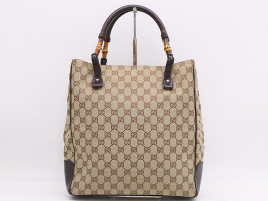 GUCCI 112530 Canvas Bamboo GG Canvas Handbag Brown