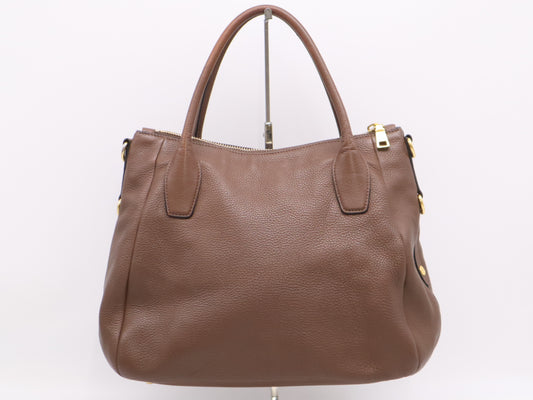 PRADA Leather Logo 2-Way Brown Handbag with GD Hardware and Shoulder Strap