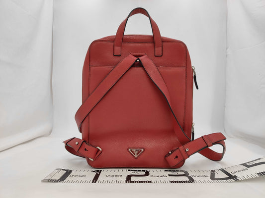 PRADA VZ063T Leather Triangle Logo Backpack in Red with Silver Hardware and Guarantee Card