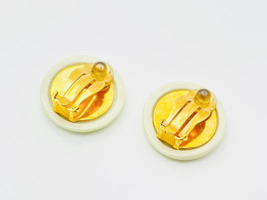 CHANEL Logo Button Round Earrings 97P Green Ceramic Enamel Cloisonne Earrings