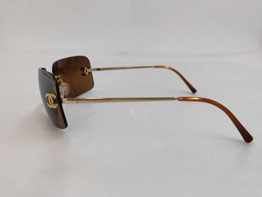 CHANEL Coco Mark Rimless Sunglasses with Rhinestones in Gold and Brown