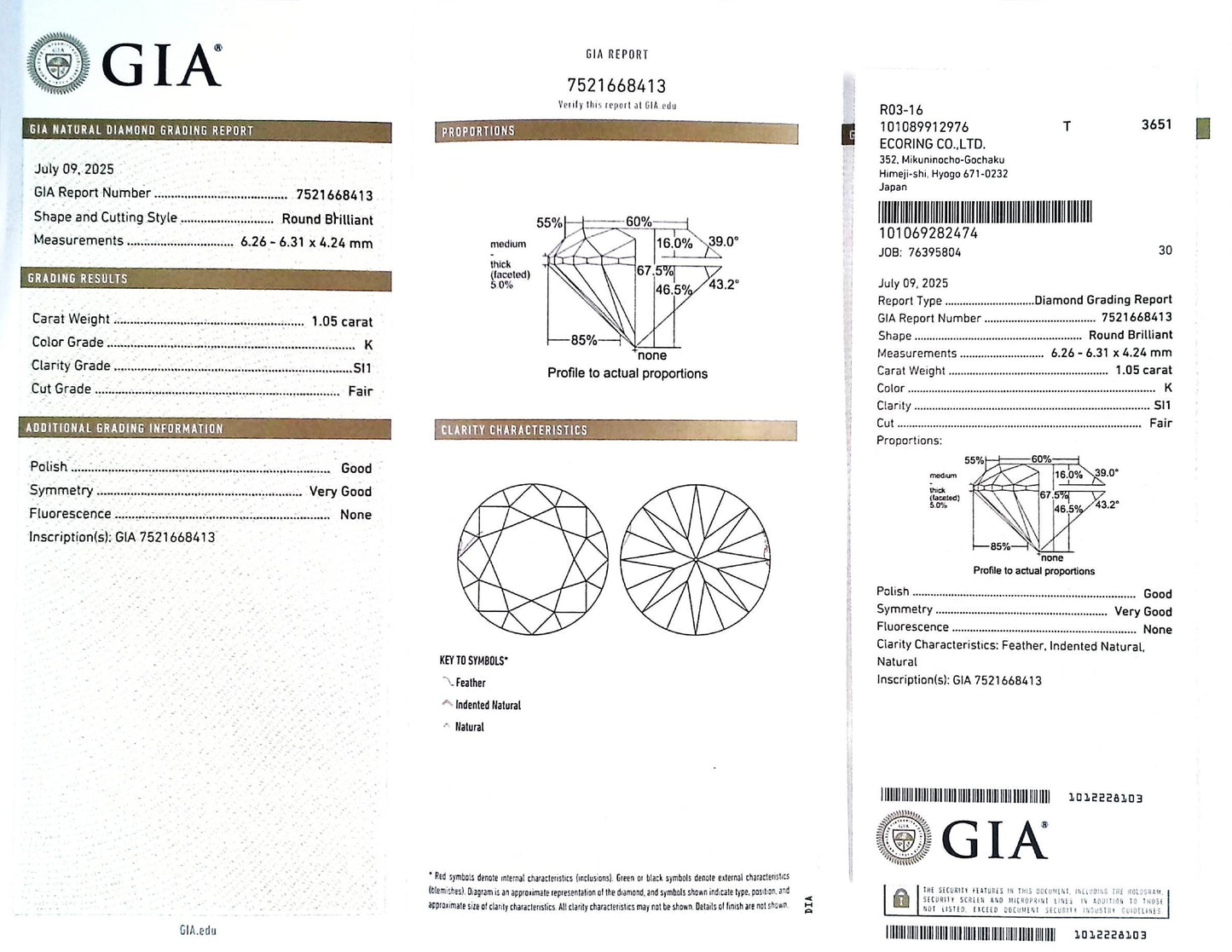 1.05ct K SI-1 FAIR/GD/VG NONE NATURAL 6.26-6.31X4.24mm GIA Diamond Loose