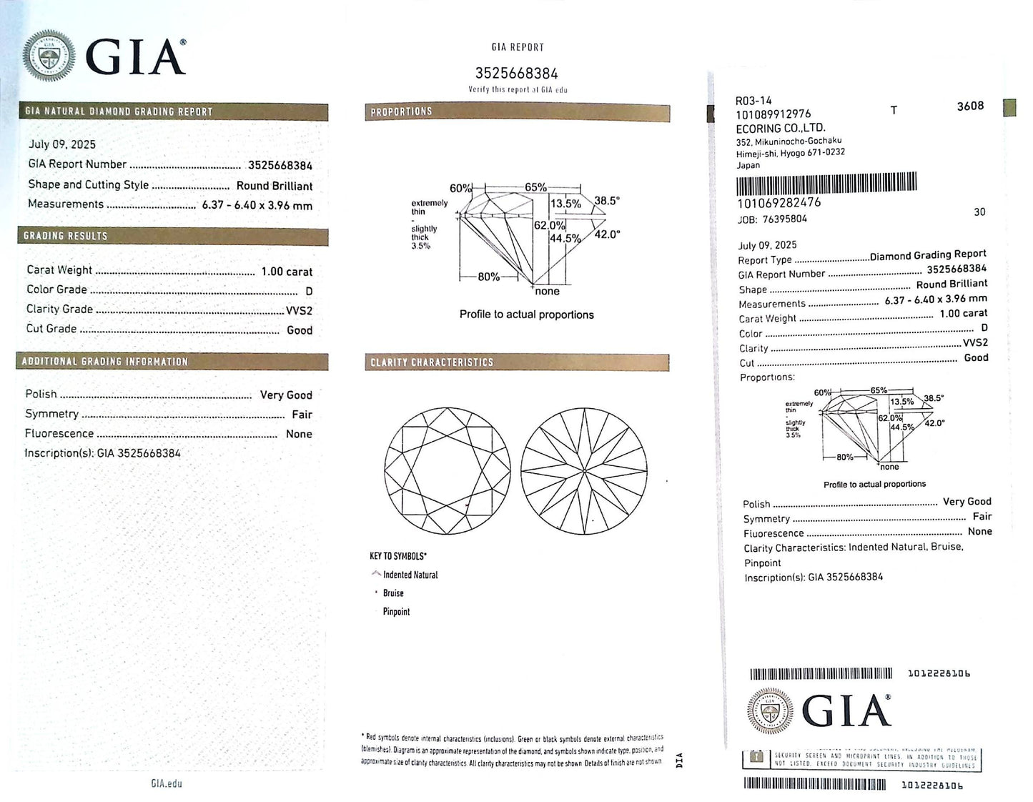1.00ct D VVS-2 GOOD/VG/FR NONE NATURAL 6.37-6.40X3.96mm GIA Diamond Loose