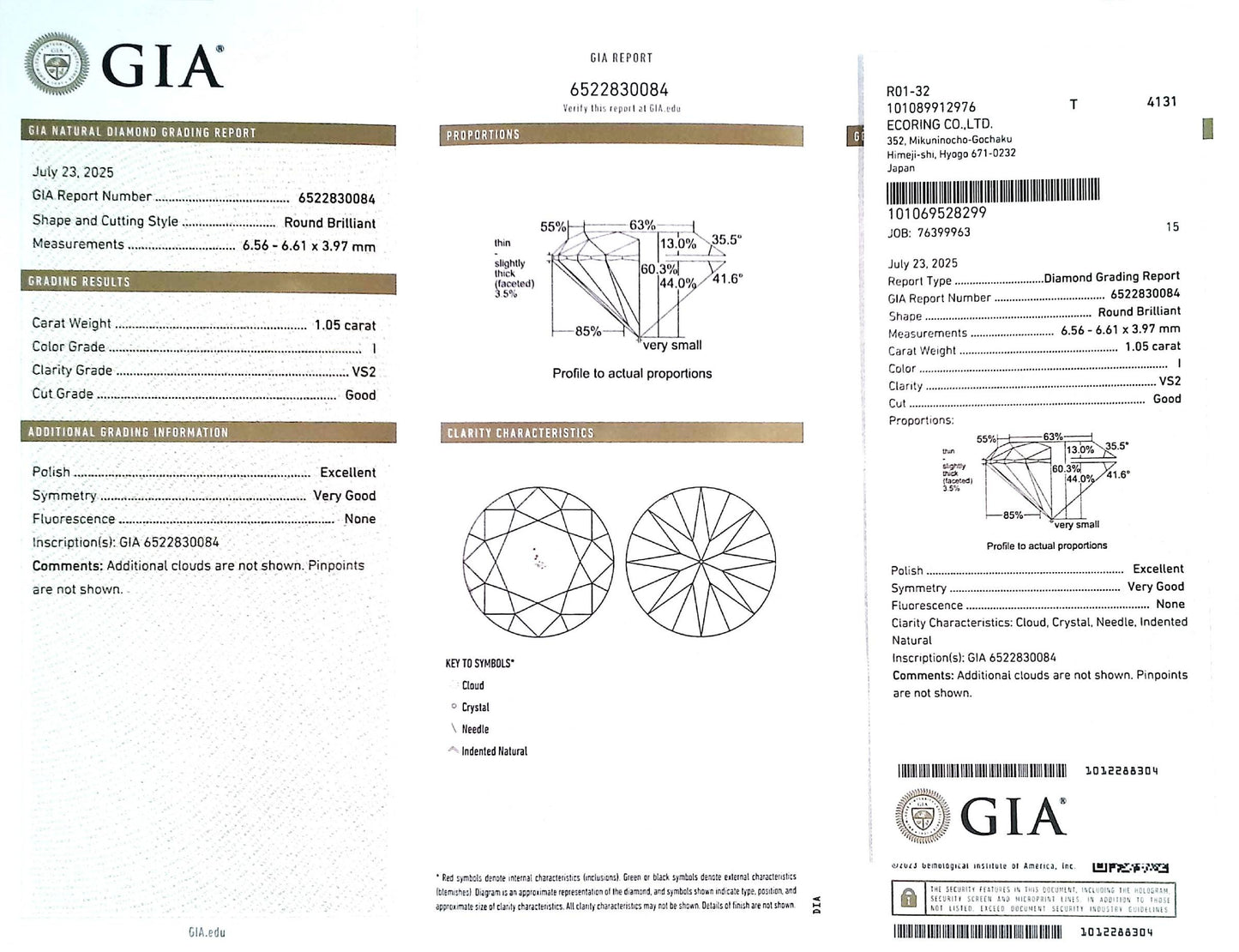 1.05ct I VS-2 GOOD/EX/VG NONE NATURAL 6.56-6.61X3.97mm GIA Diamond Loose Stone