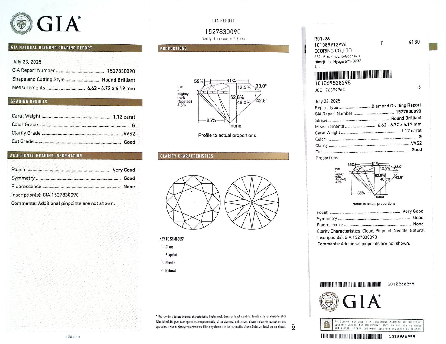 1.12ct G VVS-2 GOOD/VG/GD NONE NATURAL 6.62-6.72X4.19mm GIA Diamond Loose