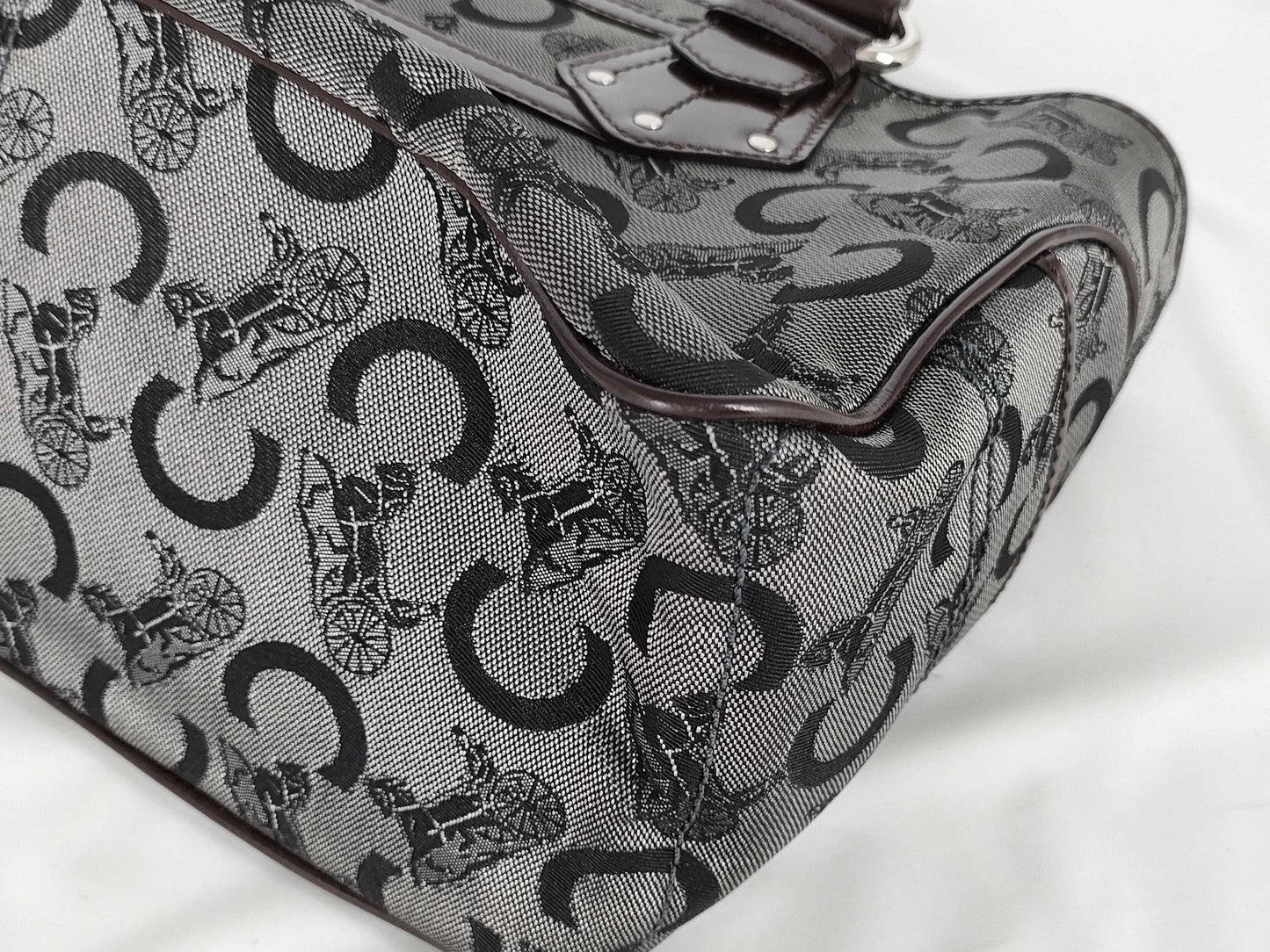 CELINE Boogie/Canvas/Patent Leather/Black x Brown Handbag