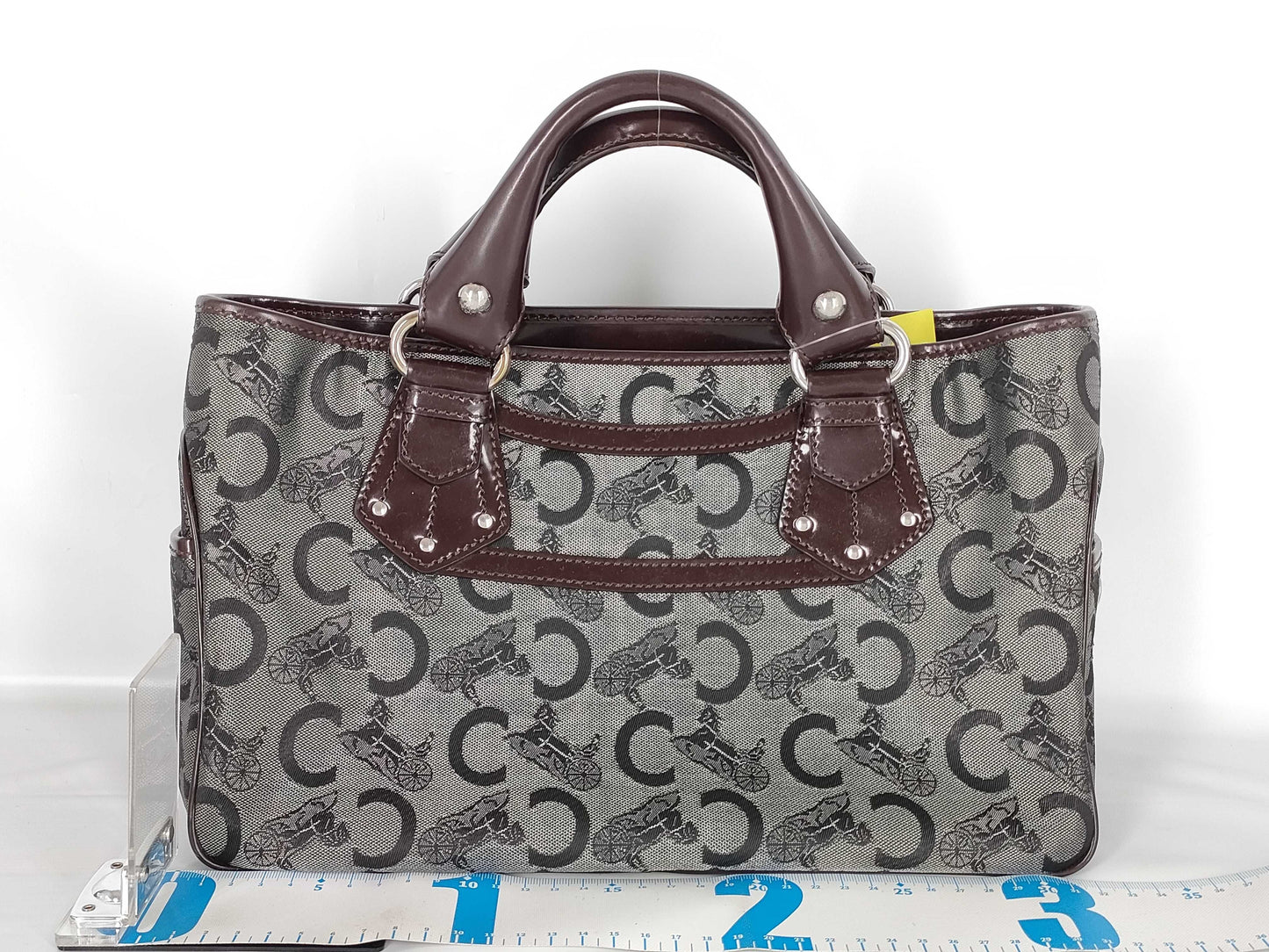 CELINE Boogie/Canvas/Patent Leather/Black x Brown Handbag