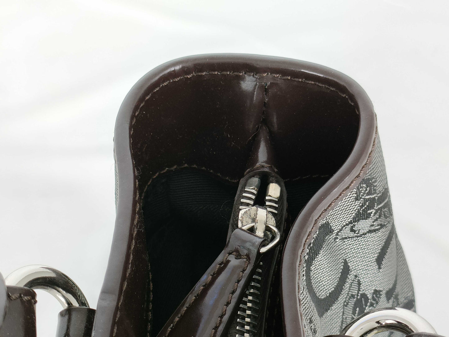 CELINE Boogie/Canvas/Patent Leather/Black x Brown Handbag