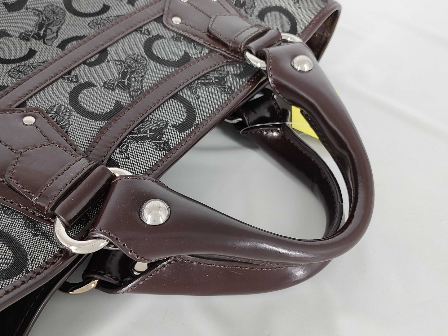 CELINE Boogie/Canvas/Patent Leather/Black x Brown Handbag