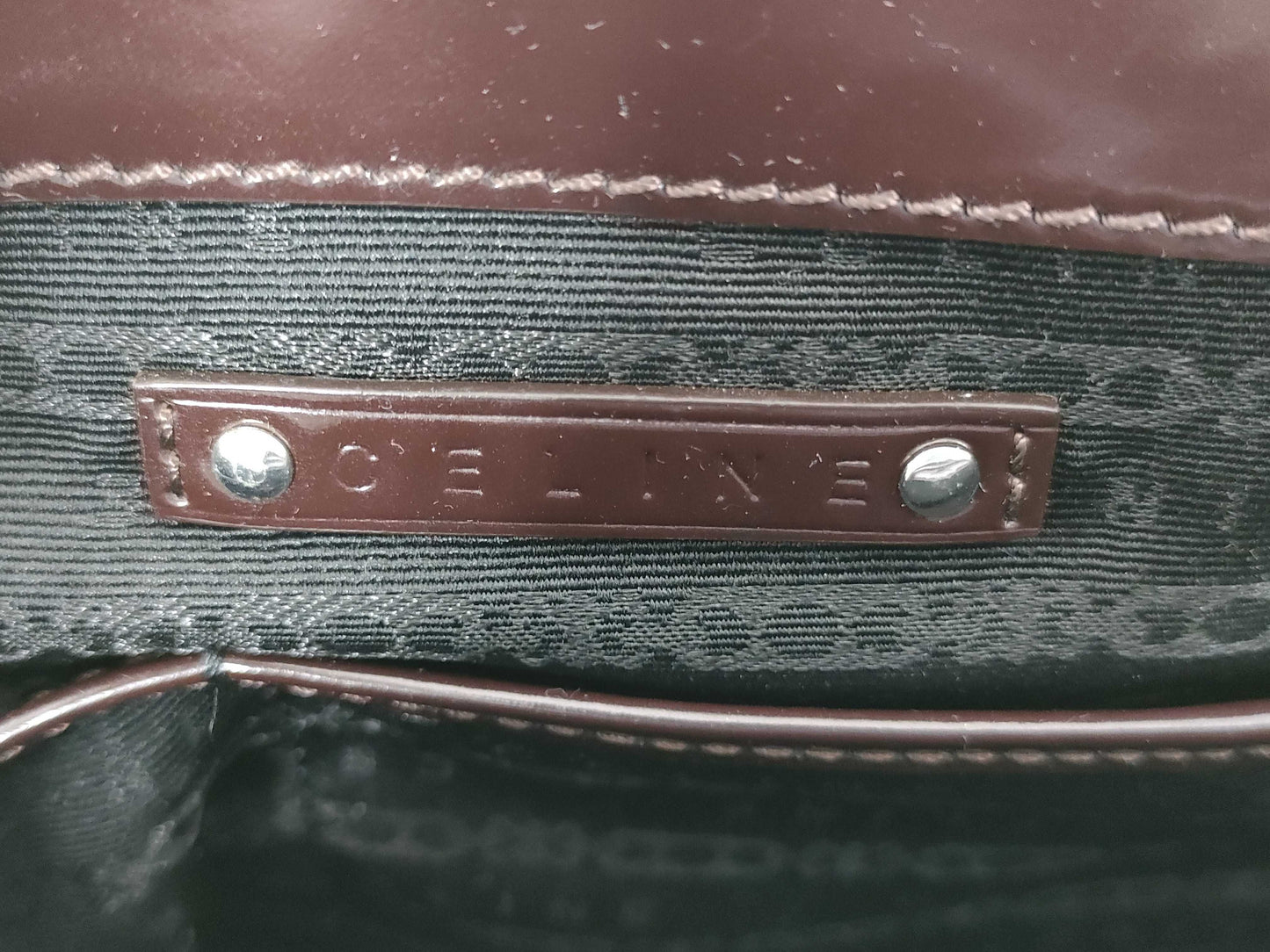CELINE Boogie/Canvas/Patent Leather/Black x Brown Handbag