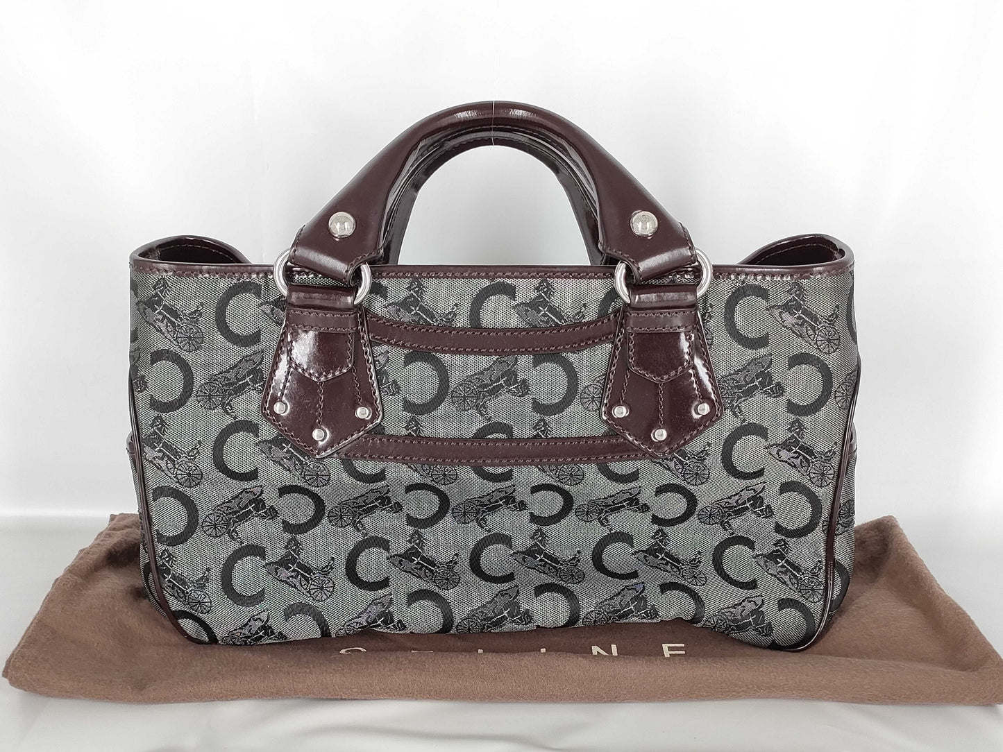 CELINE Boogie/Canvas/Patent Leather/Black x Brown Handbag