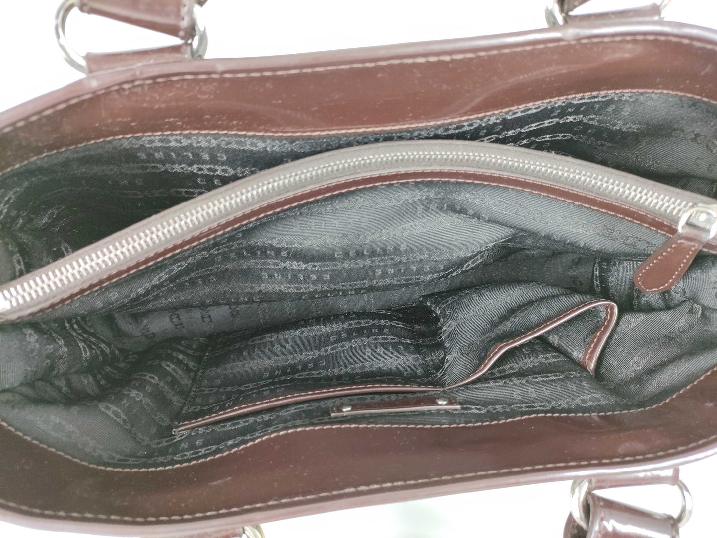CELINE Boogie/Canvas/Patent Leather/Black x Brown Handbag