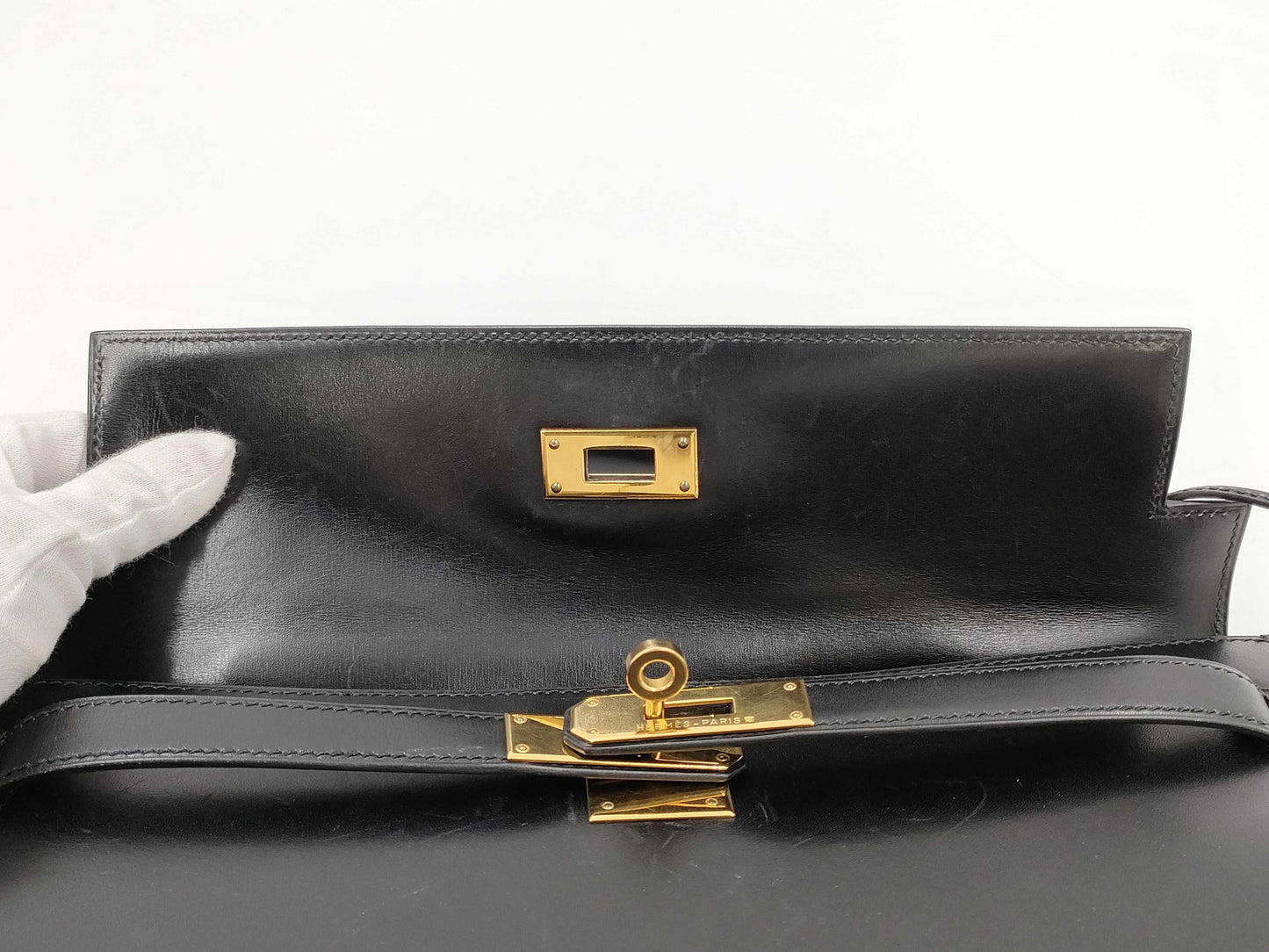 HERMES Kelly 32 Box Calf Leather Black GD Hardware 〇A Stamp Handbag