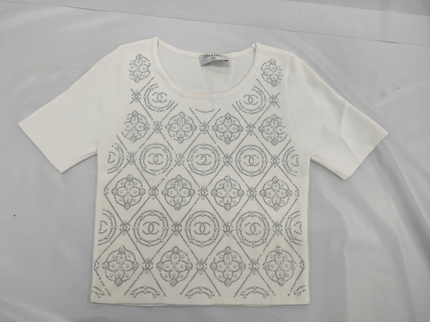 CHANEL Knit Sweater Coco Chanel Short Sleeve White Top