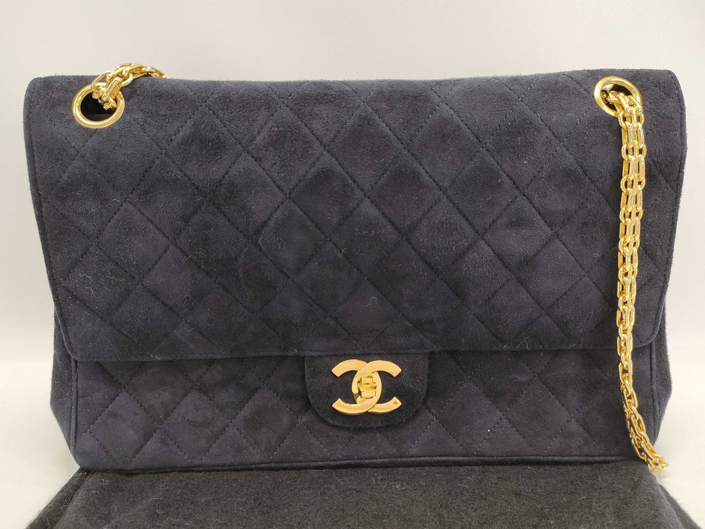 CHANEL Matelasse 28 Double Flap Double Chain Gold Hardware Black/Suede Shoulder Bag