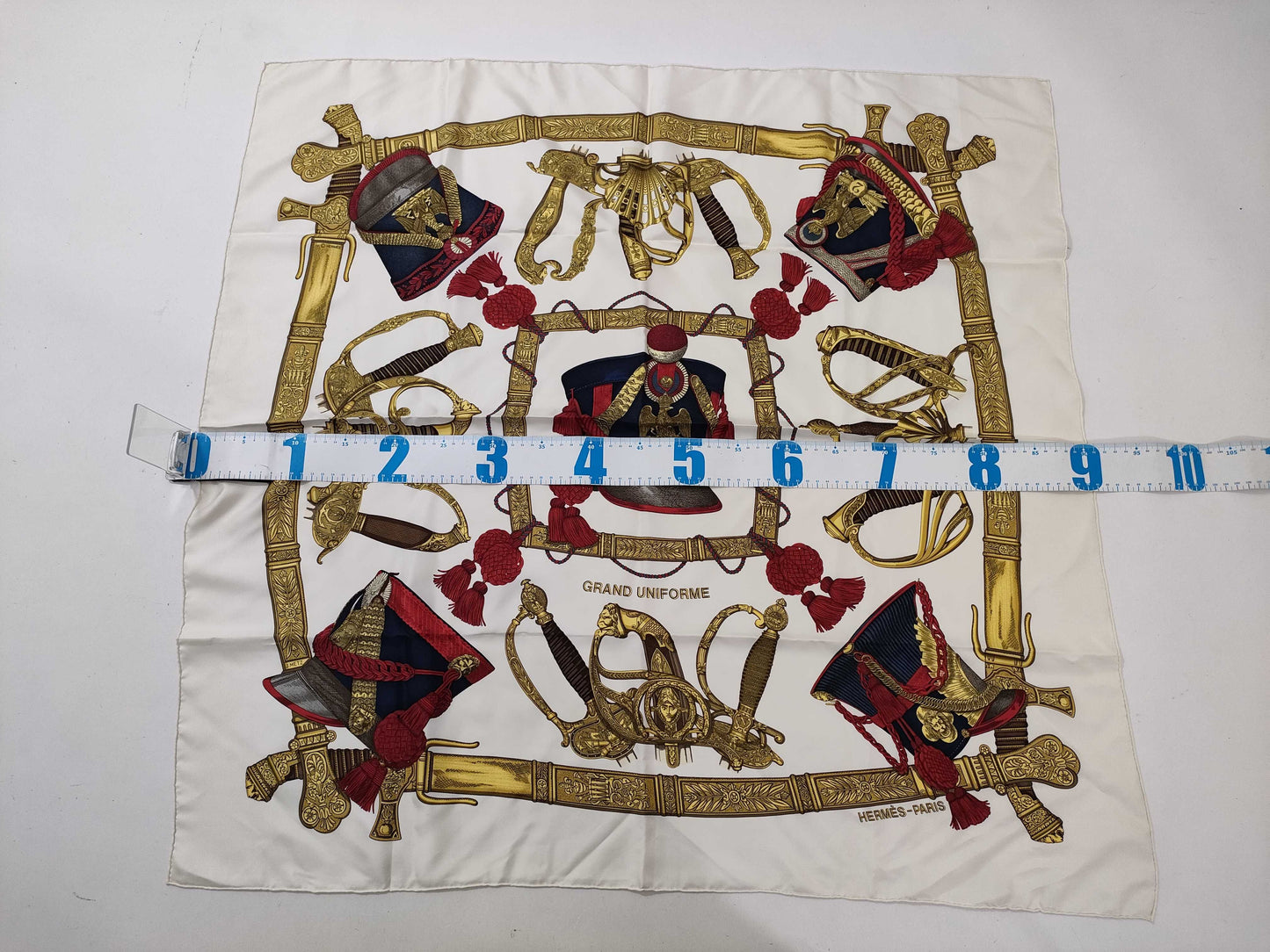 HERMES Carré GRAND UNIFORME Scarf, Off-White x Red x Gold, Tagless