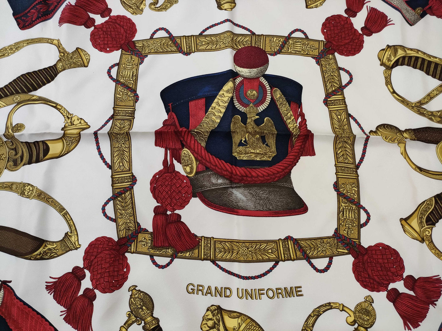 HERMES Carré GRAND UNIFORME Scarf, Off-White x Red x Gold, Tagless