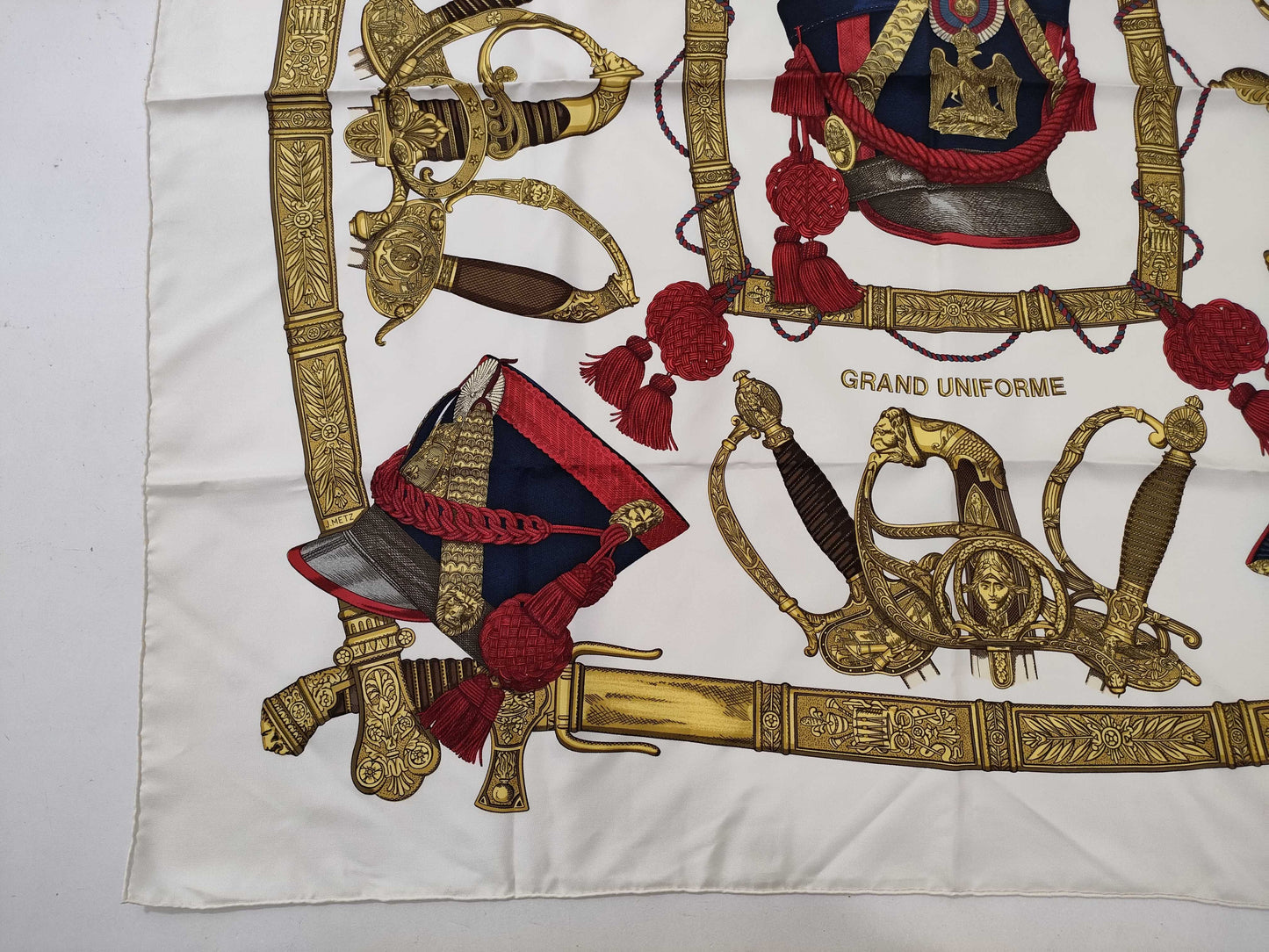 HERMES Carré GRAND UNIFORME Scarf, Off-White x Red x Gold, Tagless