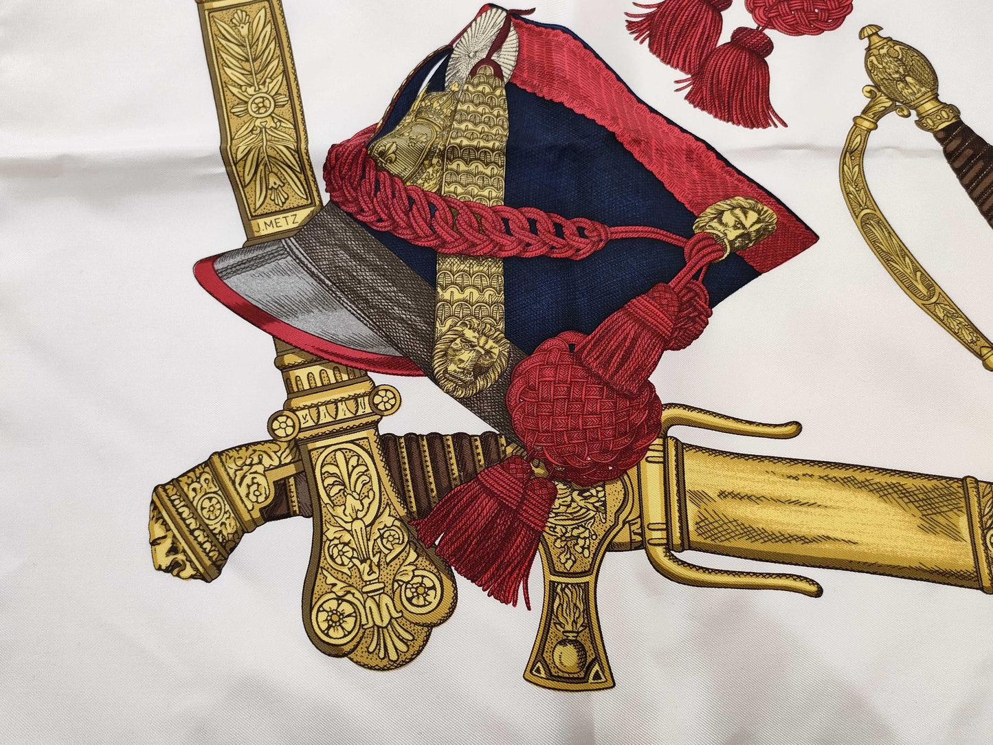 HERMES Carré GRAND UNIFORME Scarf, Off-White x Red x Gold, Tagless