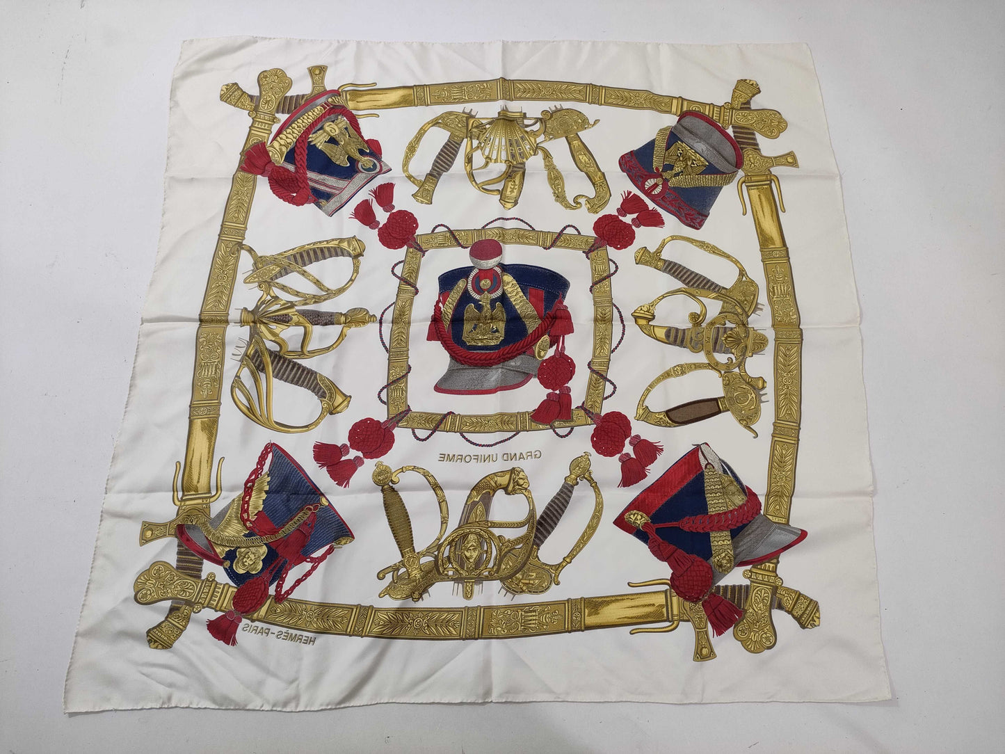 HERMES Carré GRAND UNIFORME Scarf, Off-White x Red x Gold, Tagless