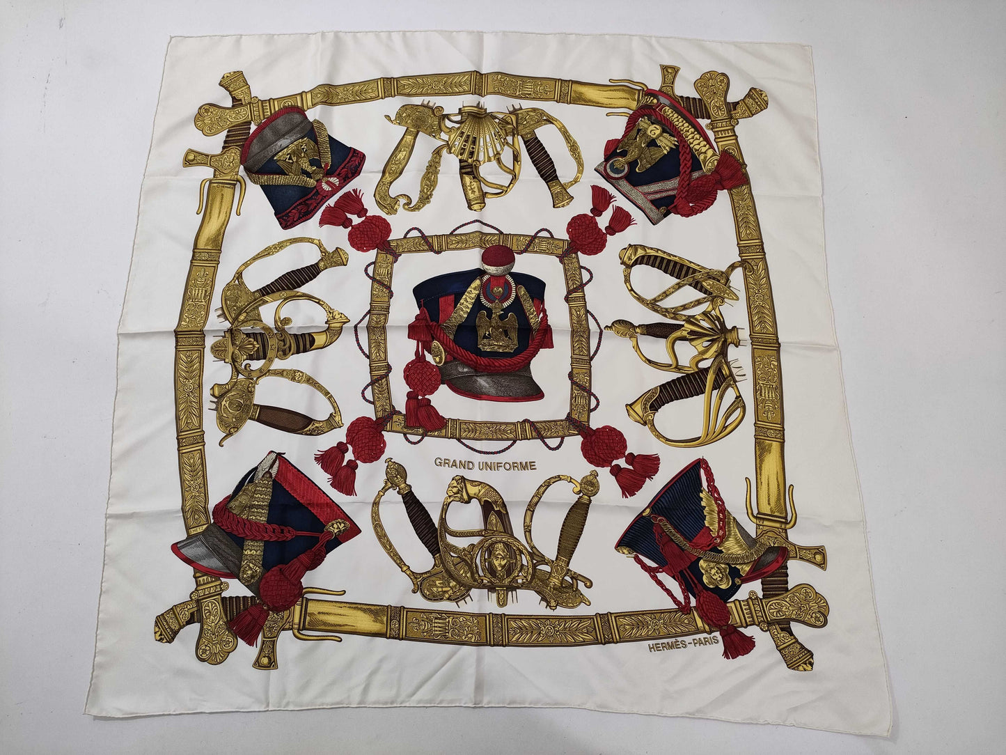 HERMES Carré GRAND UNIFORME Scarf, Off-White x Red x Gold, Tagless