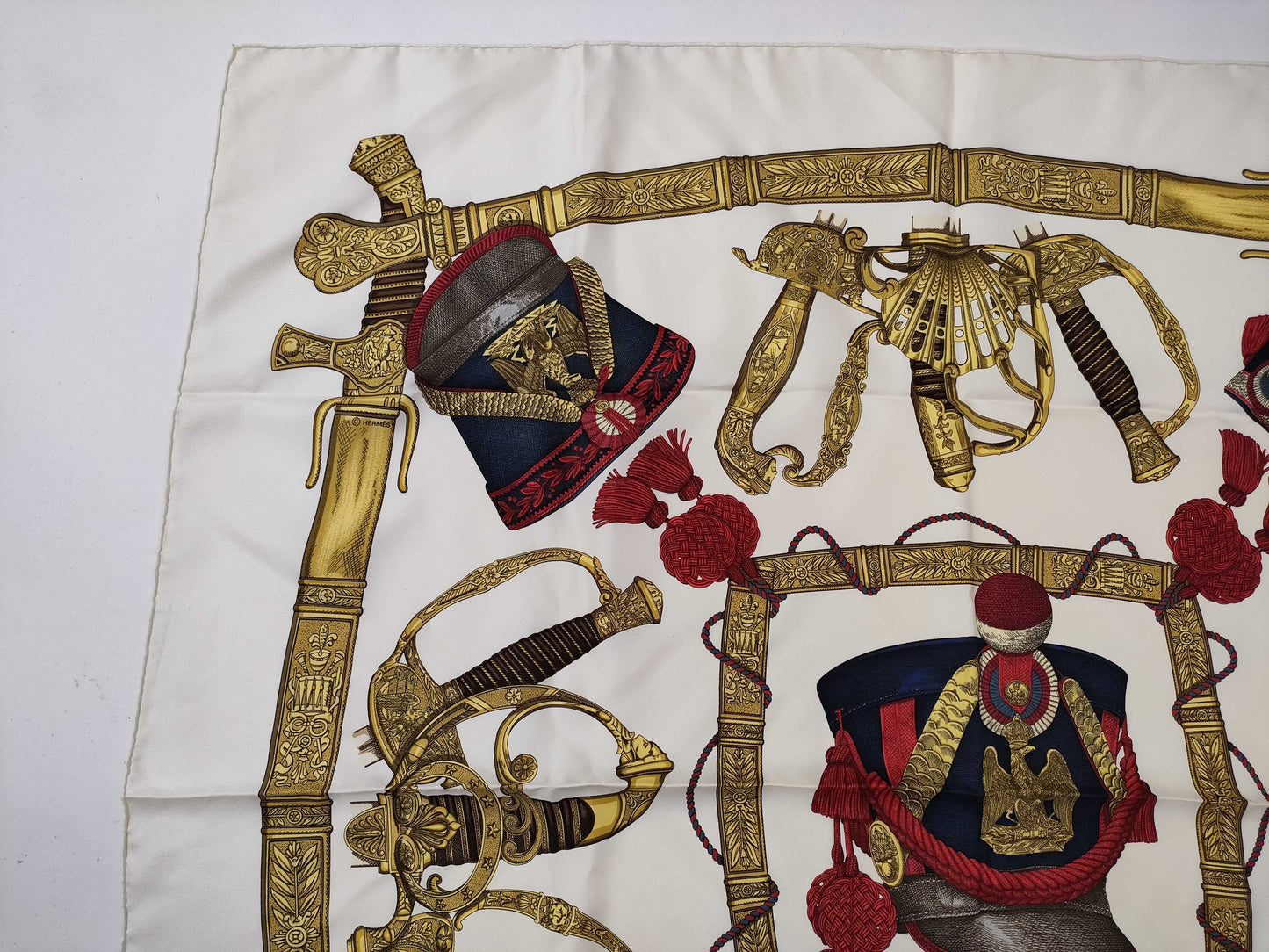 HERMES Carré GRAND UNIFORME Scarf, Off-White x Red x Gold, Tagless