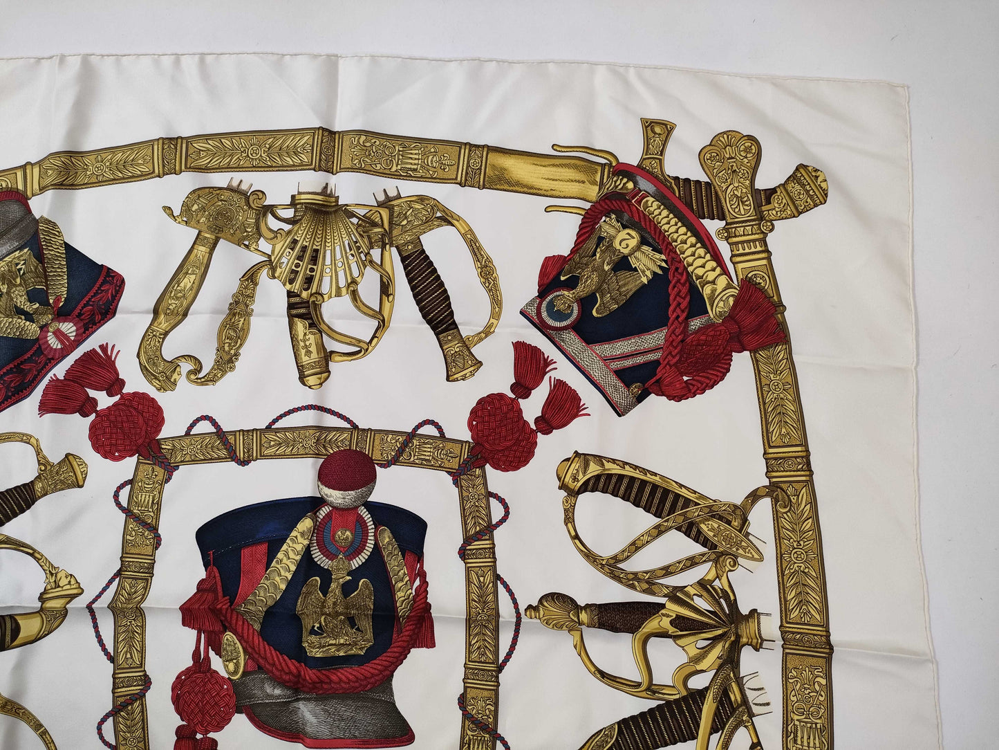 HERMES Carré GRAND UNIFORME Scarf, Off-White x Red x Gold, Tagless
