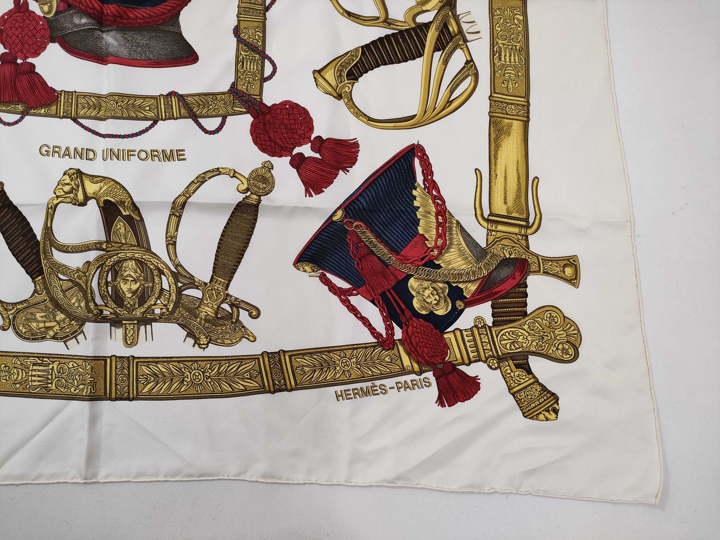 HERMES Carré GRAND UNIFORME Scarf, Off-White x Red x Gold, Tagless