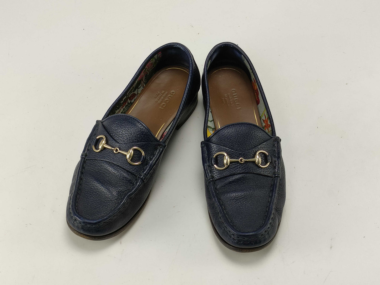 GUCCI Horsebit Loafers, Blue Leather, Floral Interior