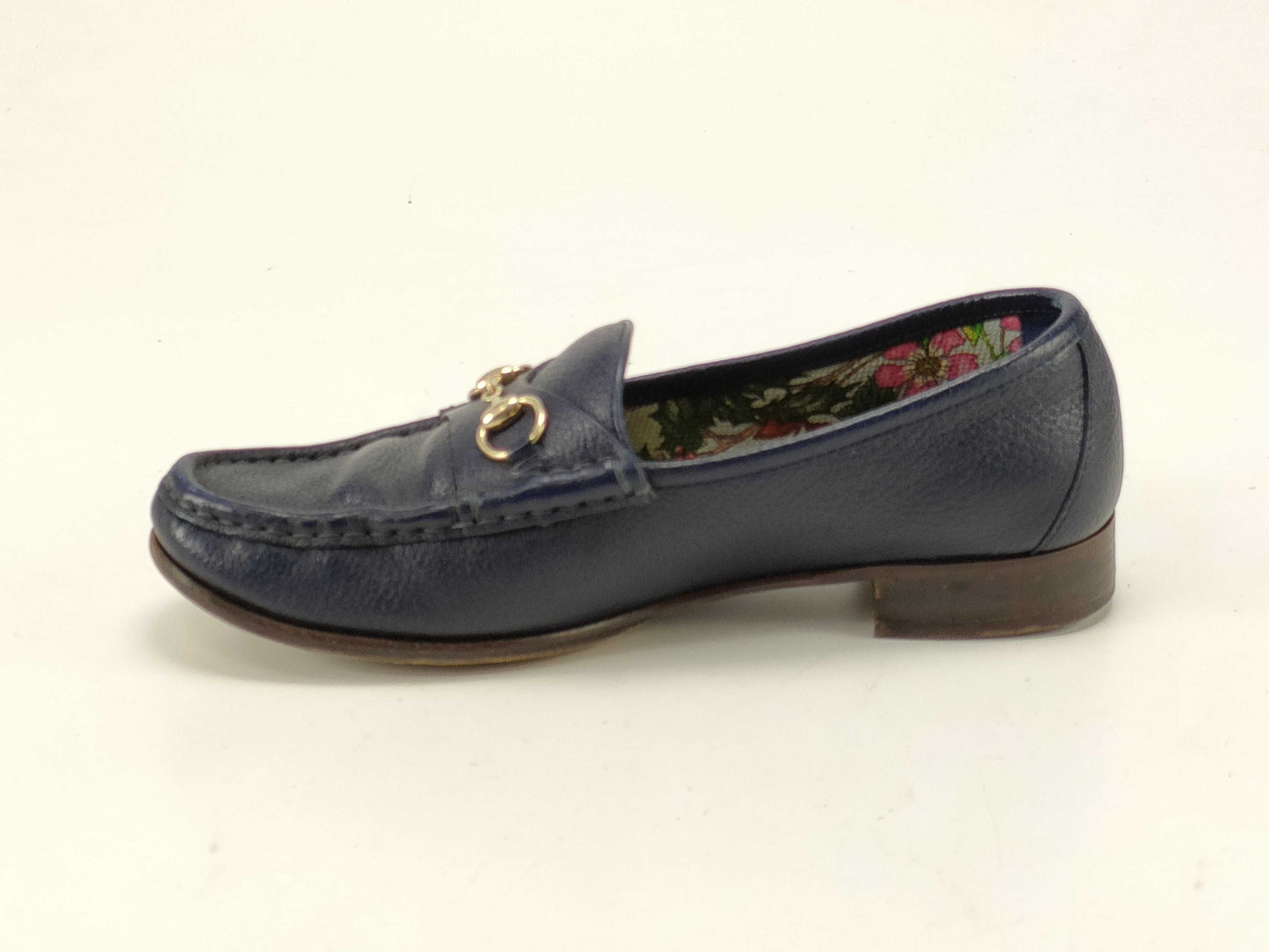 GUCCI Horsebit Loafers, Blue Leather, Floral Interior
