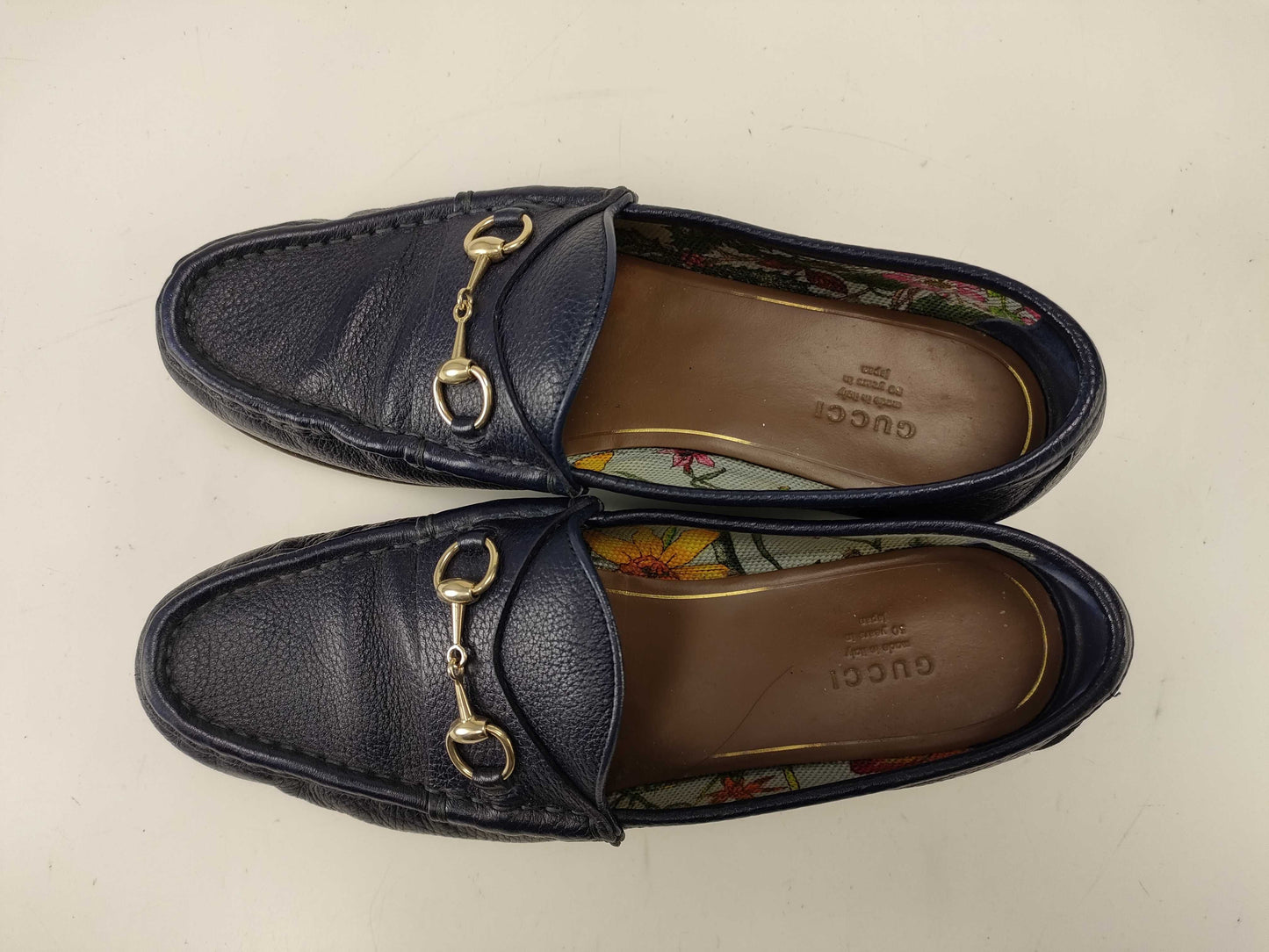 GUCCI Horsebit Loafers, Blue Leather, Floral Interior