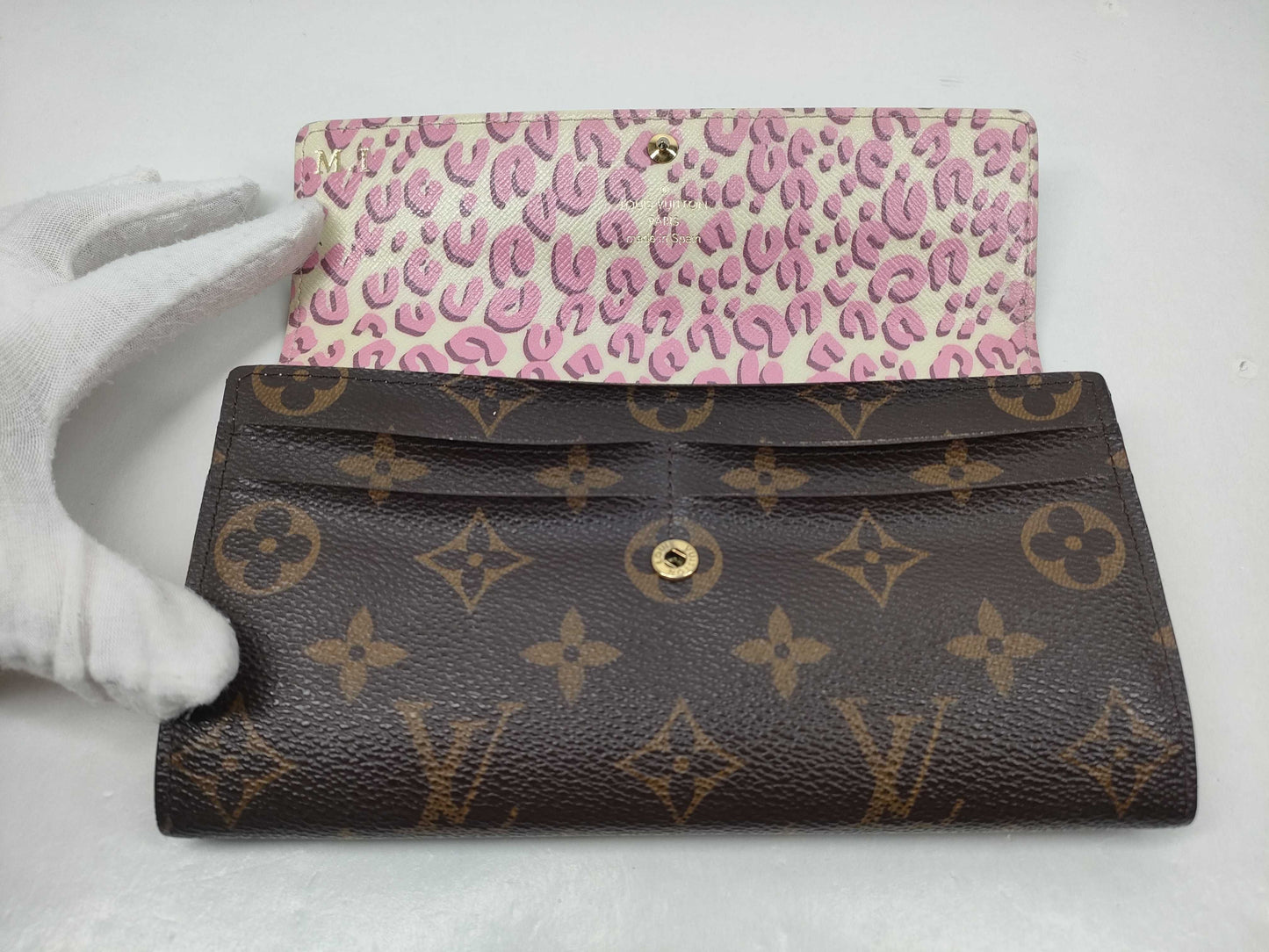 LOUIS VUITTON M60106 Monogram Portefeuille Sarah Leopard Print Pink Wallet/Initialized Wallet