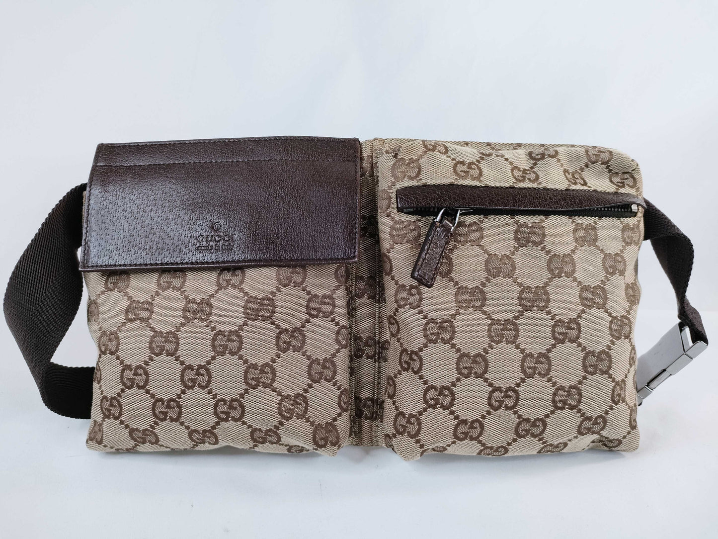 GUCCI GG Canvas Canvas and Leather Waist Pouch Beige 28566 Waist Bag