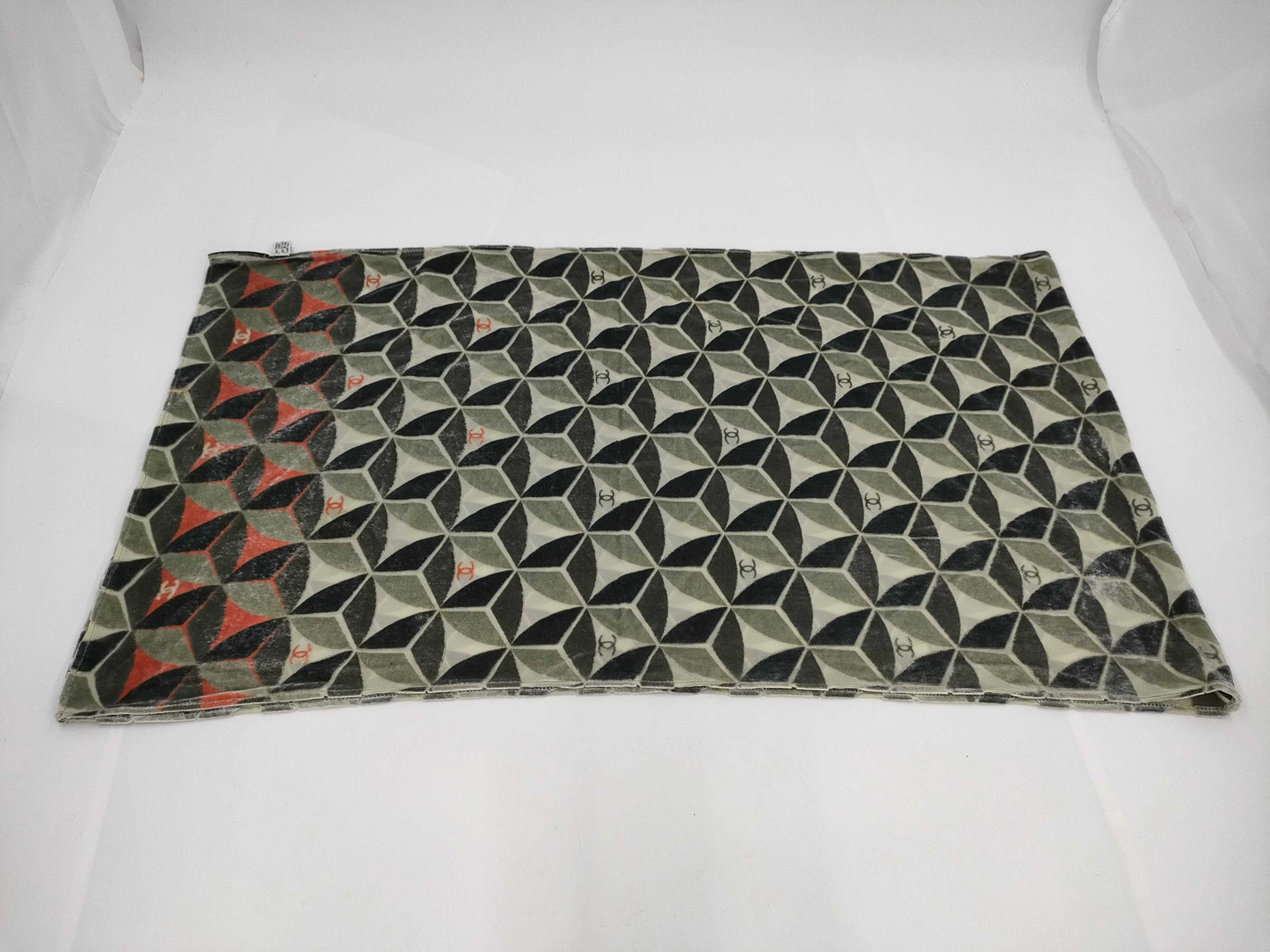 CHANEL Coco Velour Green Scarf Geometric Pattern Silk Scarf
