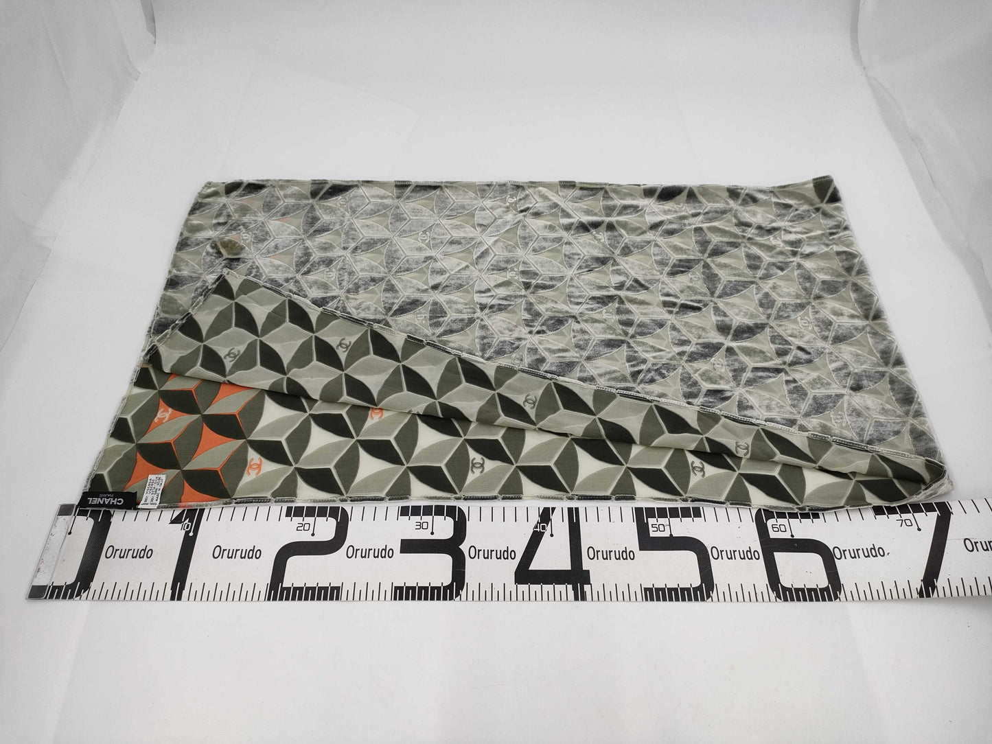 CHANEL Coco Velour Green Scarf Geometric Pattern Silk Scarf