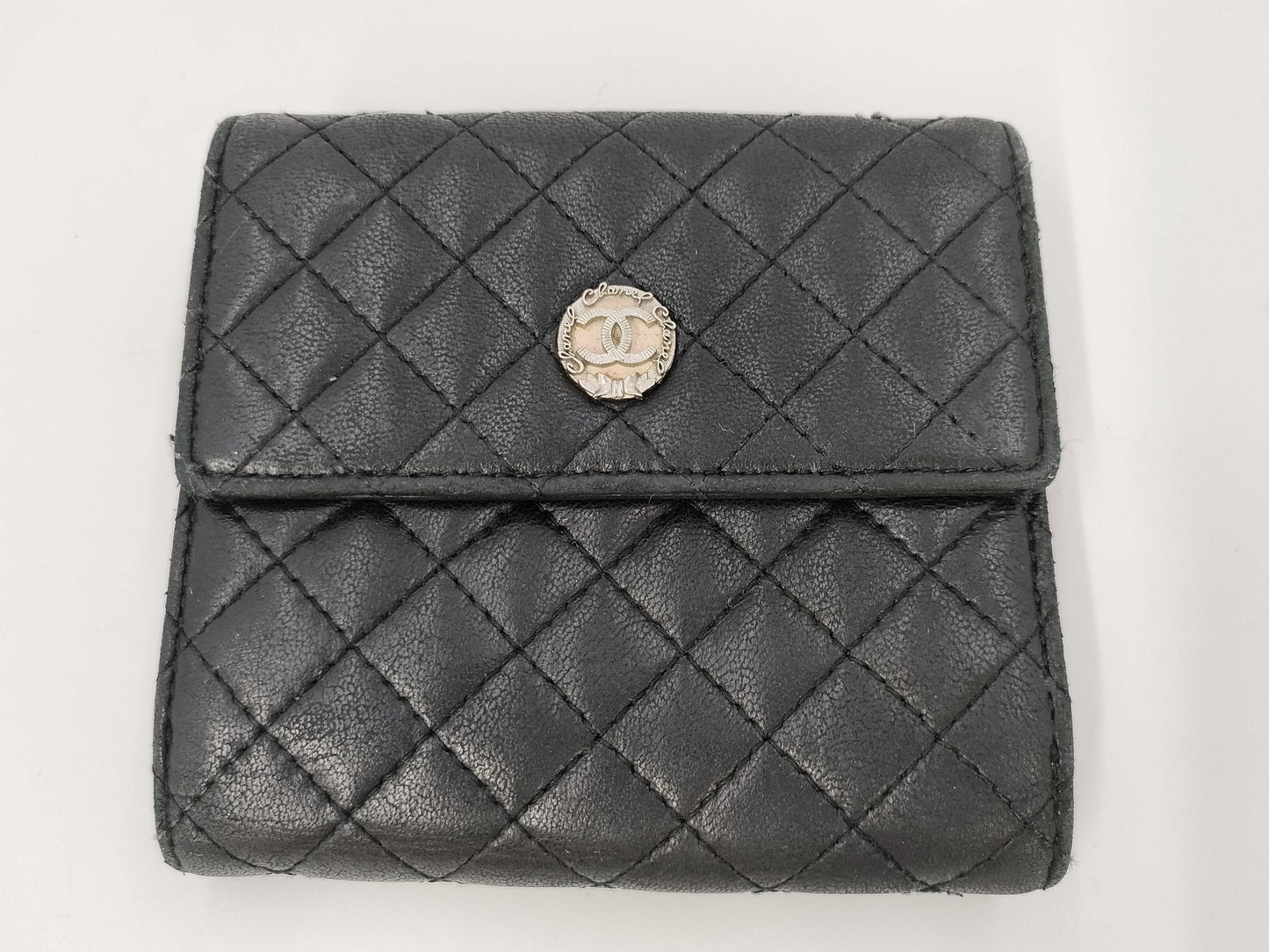 CHANEL Lamb Black Pink Folding Wallet