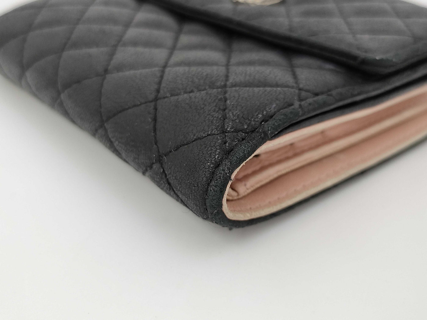 CHANEL Lamb Black Pink Folding Wallet