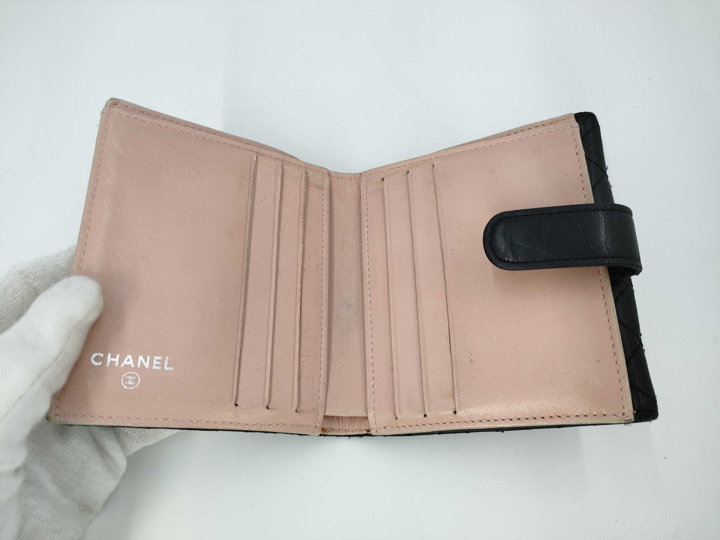 CHANEL Lamb Black Pink Folding Wallet